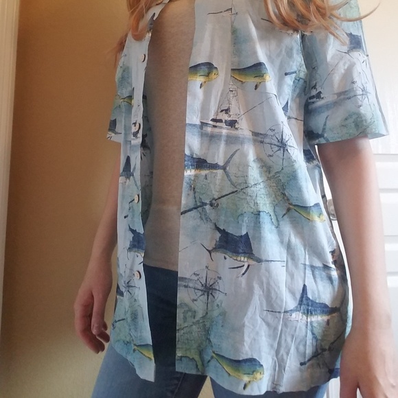 New Joe Marlin Blue Fish Pattern Button-Up - Picture 2 of 2